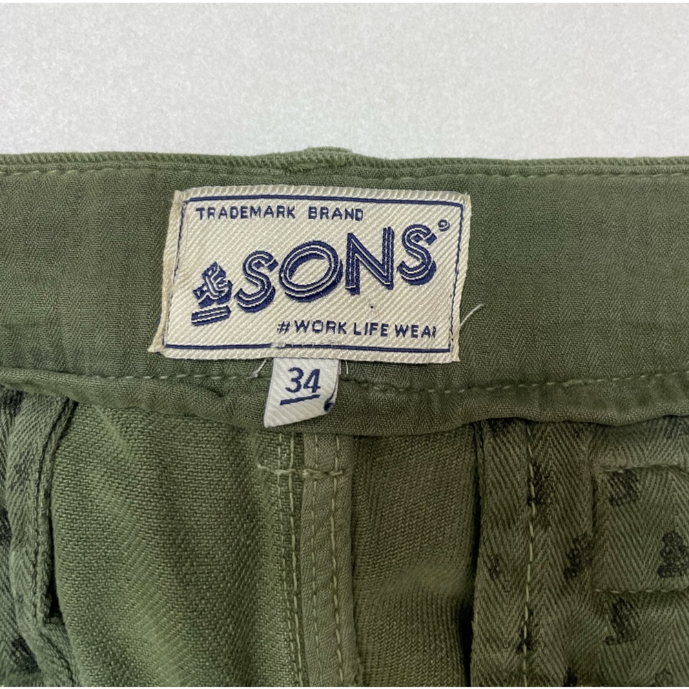 &SONS Virgil Chino Army Pants Men Size 34 x 30 Green Back Cinch Strap - Picture 6 of 11